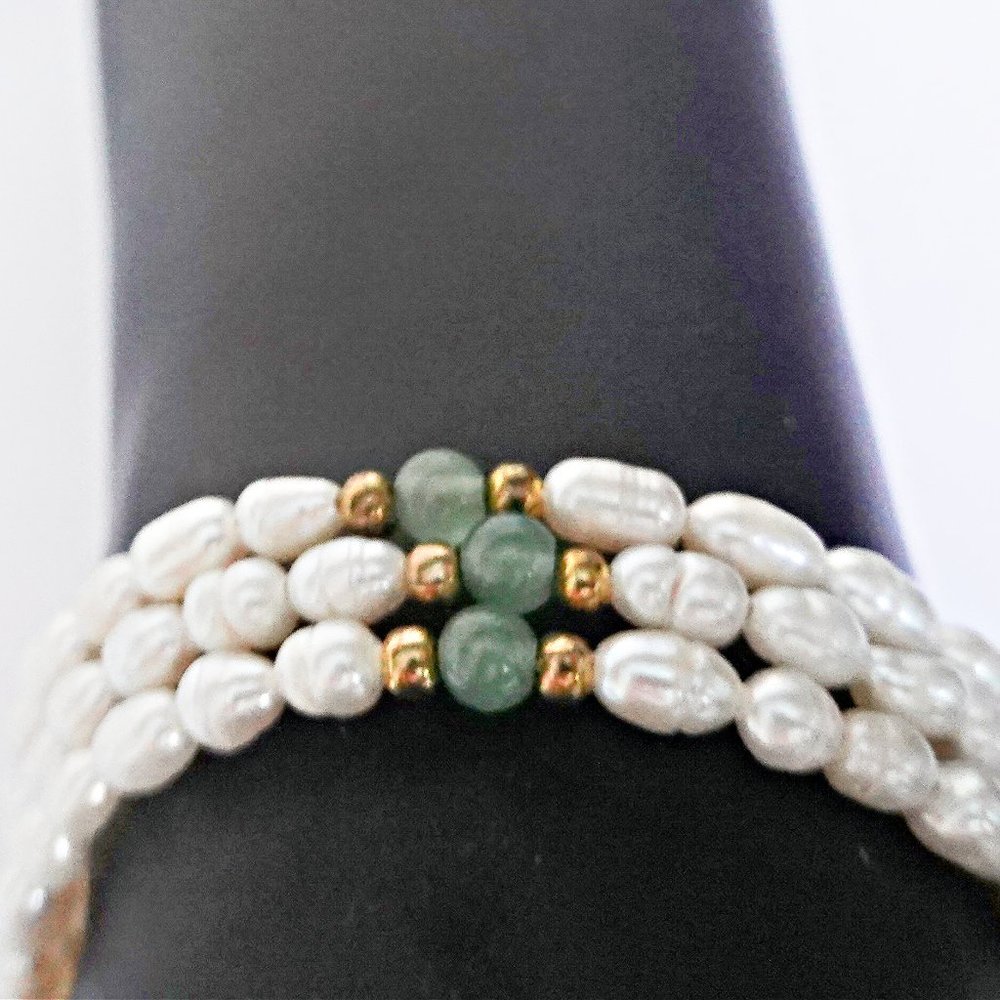 14k Jade and Pearl and Gold Bead Triple Strand Bracelet